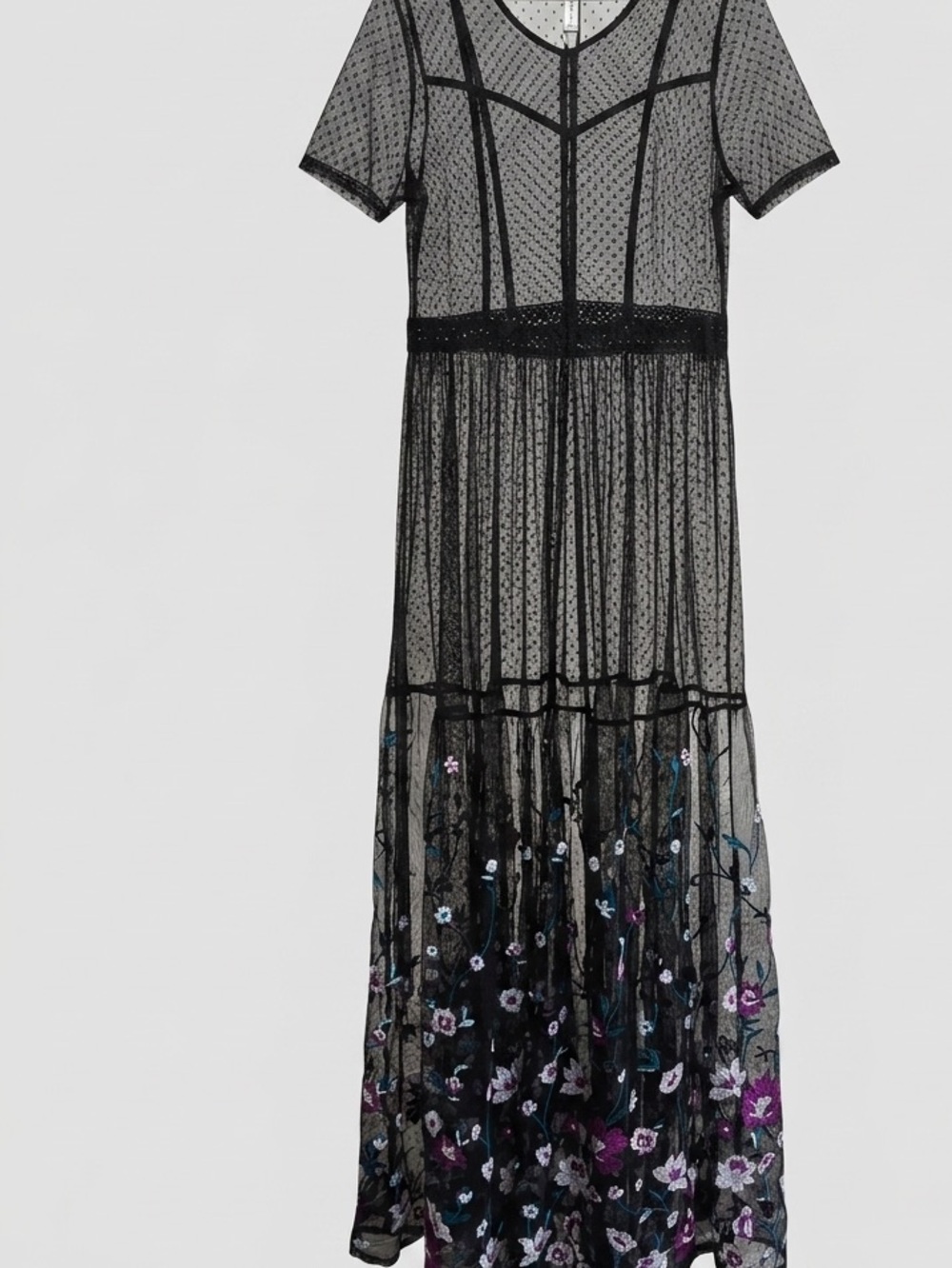 Black mesh Maxi Dress  Large Sheer Floral Embroidered Kimono Cover up - Picture 9 of 10